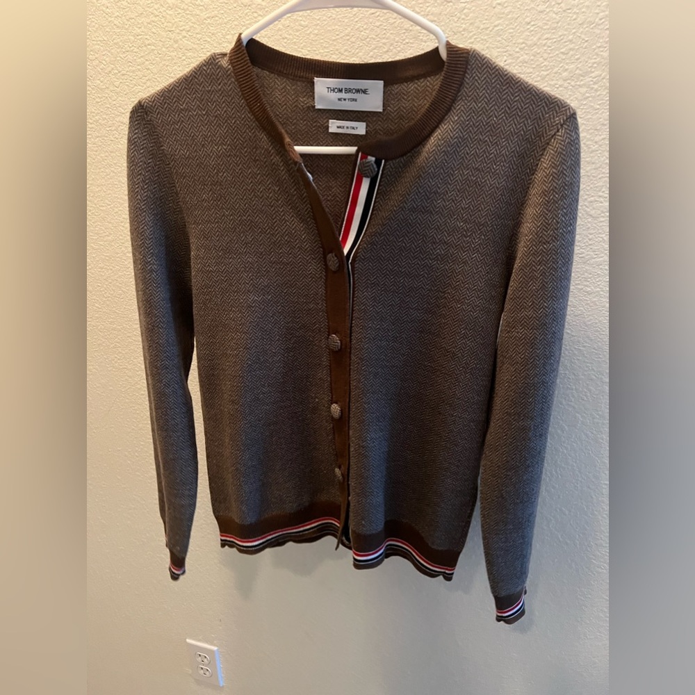 Thom Browne Herringbone Wool Cardigan，color Brown，size 40， like new